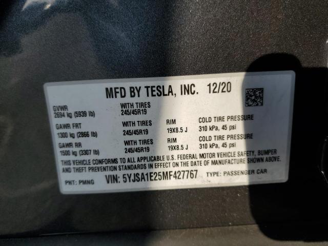 5YJSA1E25MF427767 - 2021 TESLA MODEL S GRAY photo 10