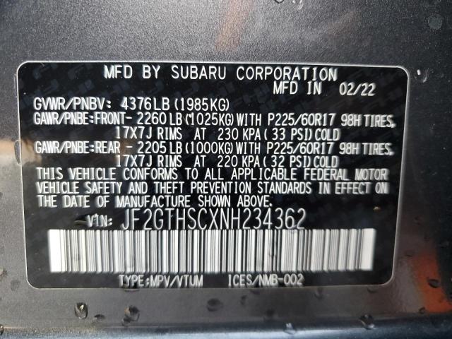 JF2GTHSCXNH234362 - 2022 SUBARU CROSSTREK GRAY photo 10