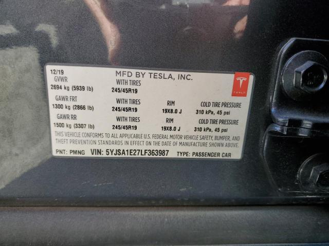 5YJSA1E27LF363987 - 2020 TESLA MODEL S Մոխրագույն լուսանկար 10