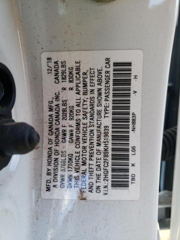 2HGFC2F89KH519039 - 2019 HONDA CIVIC SPOR WHITE photo 10