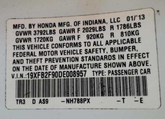 19XFB2F90DE008957 - 2013 HONDA CIVIC EXL Ağ foto 10