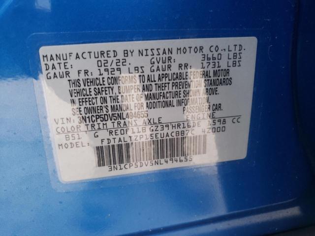 3N1CP5DV5NL494655 - 2022 NISSAN KICKS SR BLUE photo 10