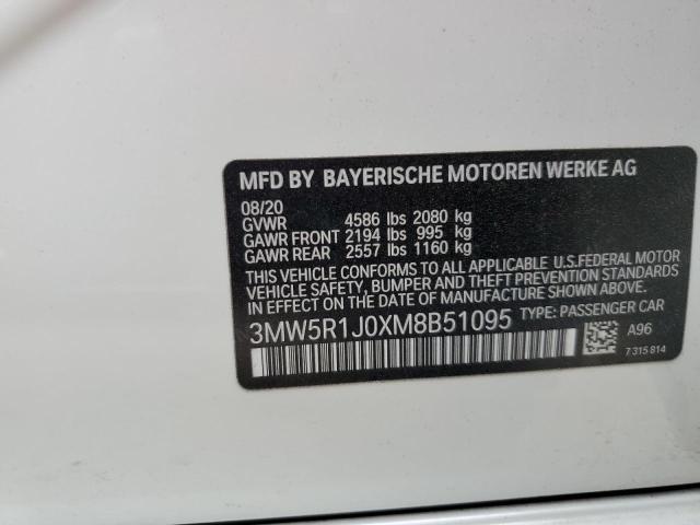 3MW5R1J0XM8B51095 - 2021 BMW 330I WHITE photo 10
