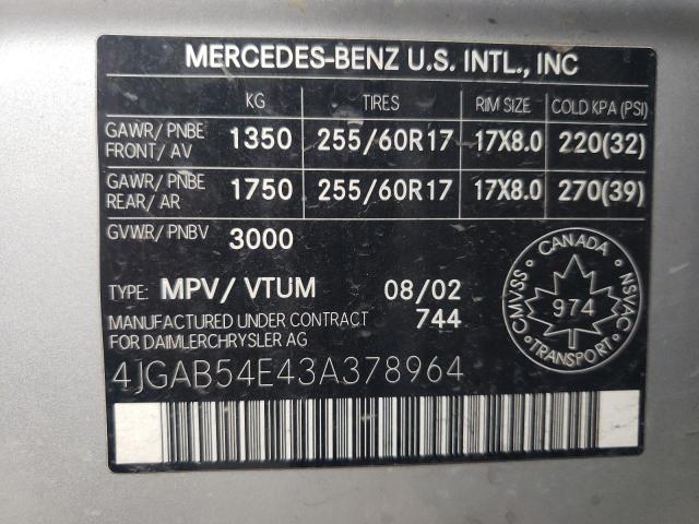 4JGAB54E43A378964 - 2003 MERCEDES-BENZ ML 320 SILVER photo 10