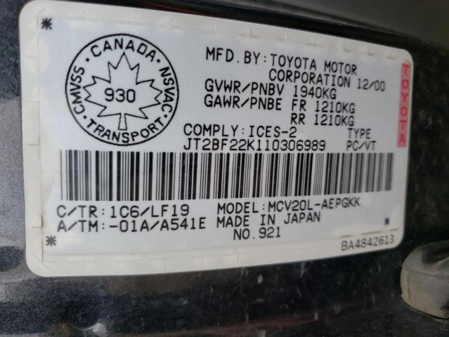 JT2BF22K110306989 - 2001 TOYOTA CAMRY CE GRAY photo 10