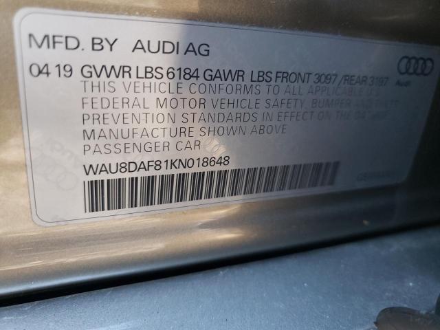 WAU8DAF81KN018648 - 2019 AUDI A8 L GOLD photo 10