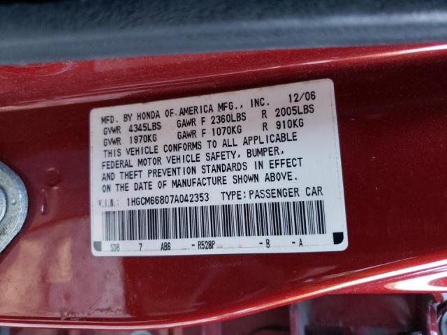 1HGCM66807A042353 - 2007 HONDA ACCORD EX RED photo 10