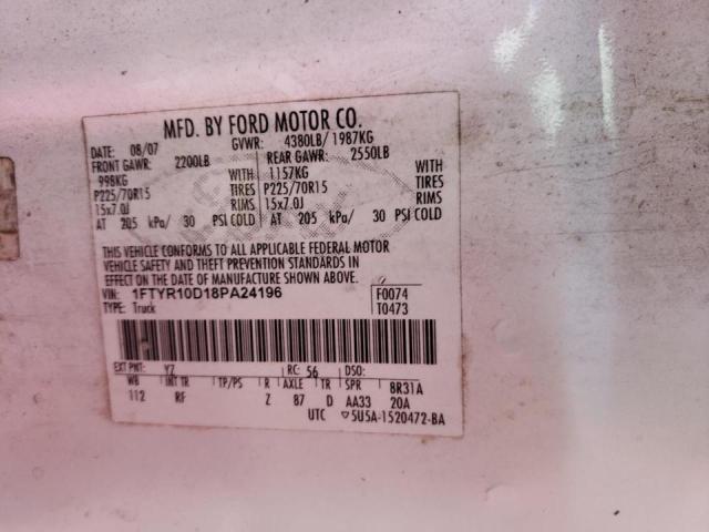 1FTYR10D18PA24196 - 2008 FORD RANGER WHITE photo 10