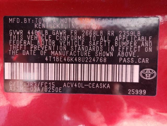 4T1BE46K48U224768 - 2008 TOYOTA CAMRY CE RED photo 10