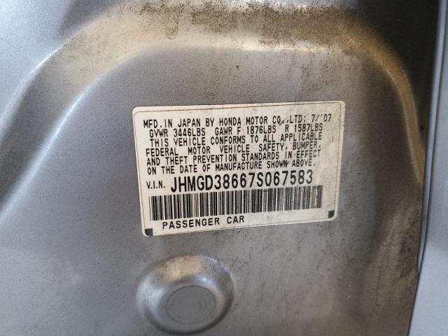 JHMGD38667S067583 - 2007 HONDA FIT S GRAY photo 10