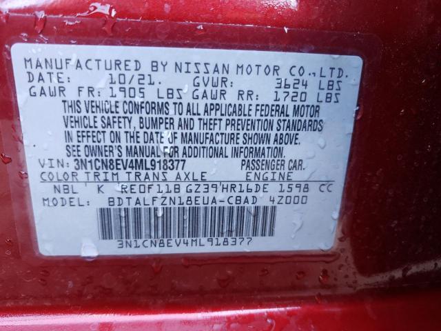 3N1CN8EV4ML918377 - 2021 NISSAN VERSA SV RED photo 10