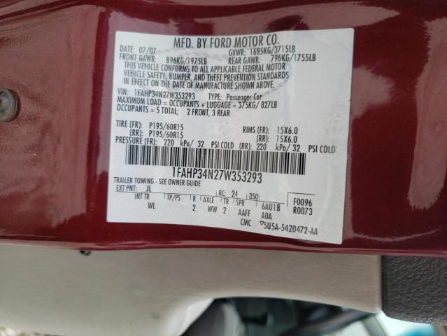 1FAHP34N27W353293 - 2007 FORD FOCUS ZX4 BURGUNDY photo 10