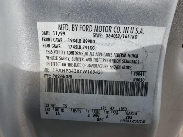 1FAHP343XYW169431 - 2000 FORD FOCUS SE SILVER photo 10