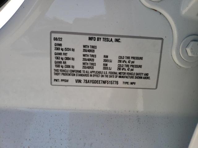 7SAYGDEE7NF515776 - 2022 TESLA MODEL Y أبيض صورة 10