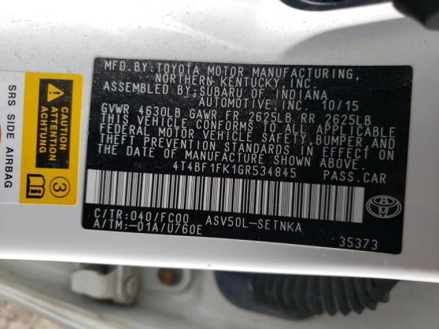 4T4BF1FK1GR534845 - 2016 TOYOTA CAMRY LE WHITE photo 10