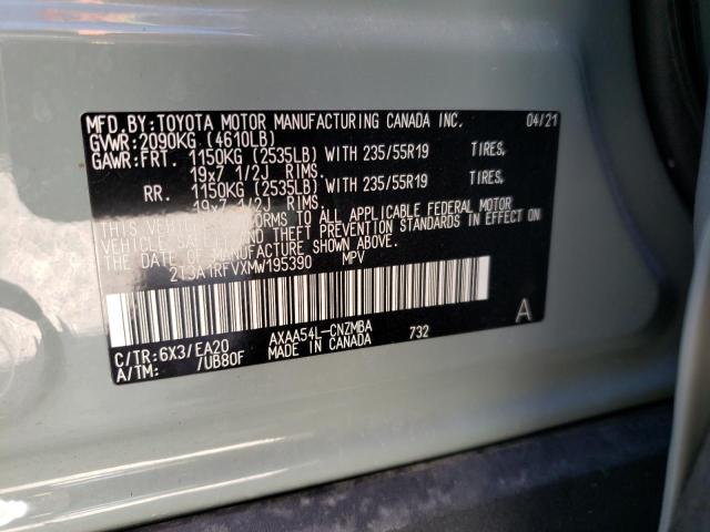 2T3A1RFVXMW195390 - 2021 TOYOTA RAV4 XLE P GRAY photo 10