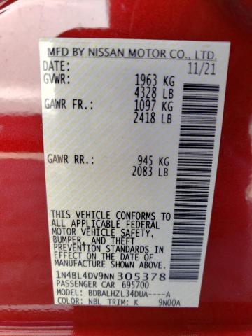 1N4BL4DV9NN305378 - 2022 NISSAN ALTIMA SV MAROON photo 10