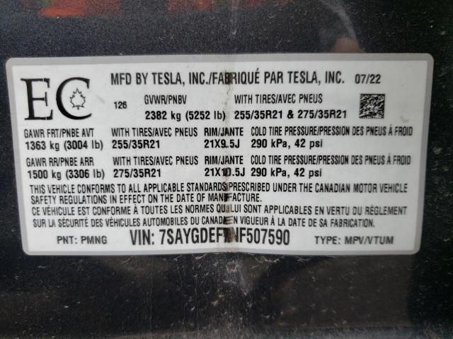 7SAYGDEF7NF507590 - 2022 TESLA MODEL Y رمادي صورة 10