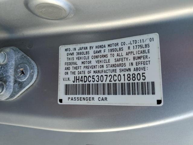 JH4DC53072C018805 - 2002 ACURA RSX TYPE-S SILVER photo 10