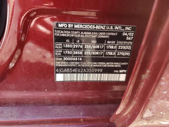 4JGAB54E62A350999 - 2002 MERCEDES-BENZ ML 320 BURGUNDY photo 10