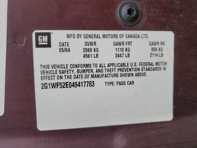 2G1WF52E049417783 - 2004 CHEVROLET IMPALA MAROON photo 10