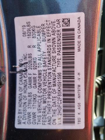 2HGFC2F85KH591596 - 2019 HONDA CIVIC SPOR 灰色 照片 10