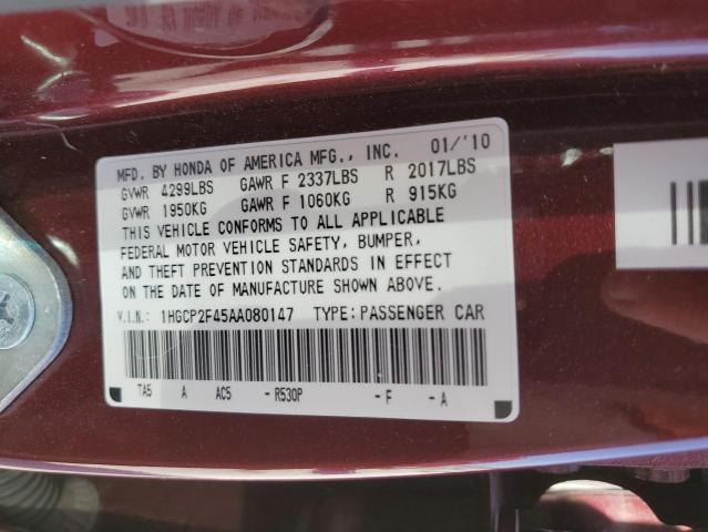 1HGCP2F45AA080147 - 2010 HONDA ACCORD LXP RED photo 10