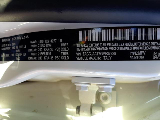 ZACCJAAT7GPE37829 - 2016 JEEP RENEGADE S WHITE photo 10