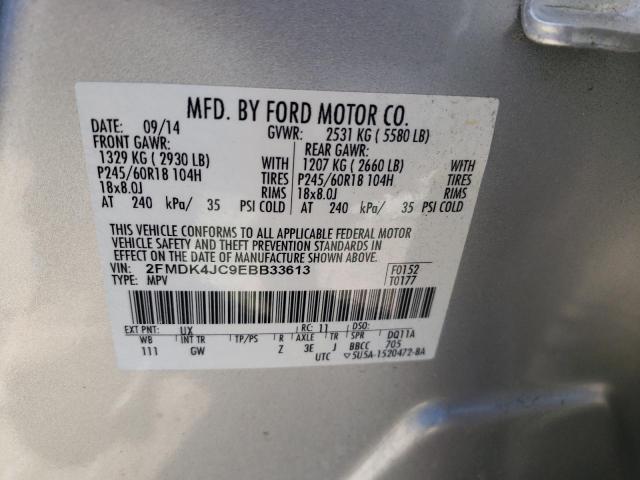 2FMDK4JC9EBB33613 - 2014 FORD EDGE SEL SILVER photo 10