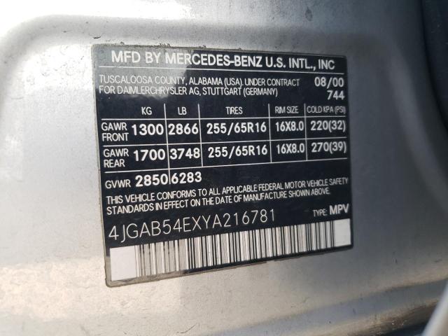 4JGAB54EXYA216781 - 2000 MERCEDES-BENZ ML 320 SILVER photo 10