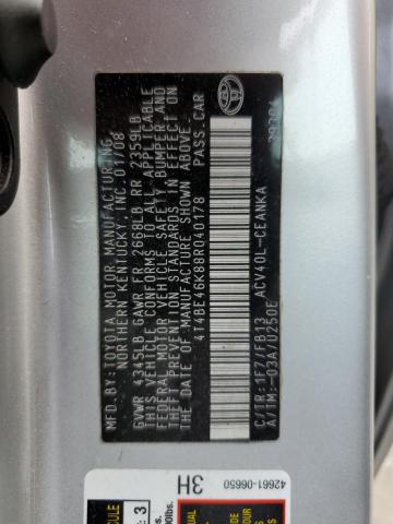 4T4BE46K88R040178 - 2008 TOYOTA CAMRY CE SILVER photo 10