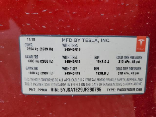 5YJSA1E29JF290795 - 2018 TESLA MODEL S Կարմիր լուսանկար 10