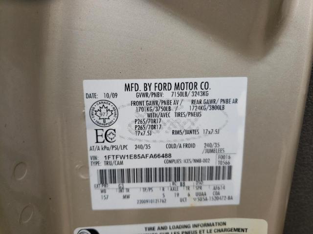 1FTFW1E85AFA66488 - 2010 FORD F150 SUPER BEIGE photo 10