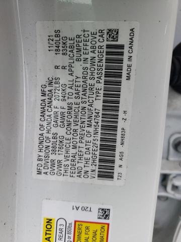 2HGFE2F51NH547647 - 2022 HONDA CIVIC SPOR 白色 照片 10