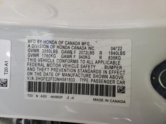 2HGFE2F53NH581833 - 2022 HONDA CIVIC SPOR WHITE photo 10