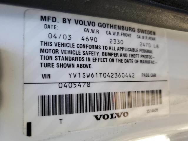 YV1SW61T042360442 - 2004 VOLVO V70 WHITE photo 10