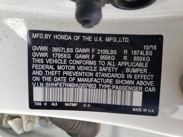 SHHFK7H40HU207603 - 2017 HONDA CIVIC SPOR WHITE photo 10