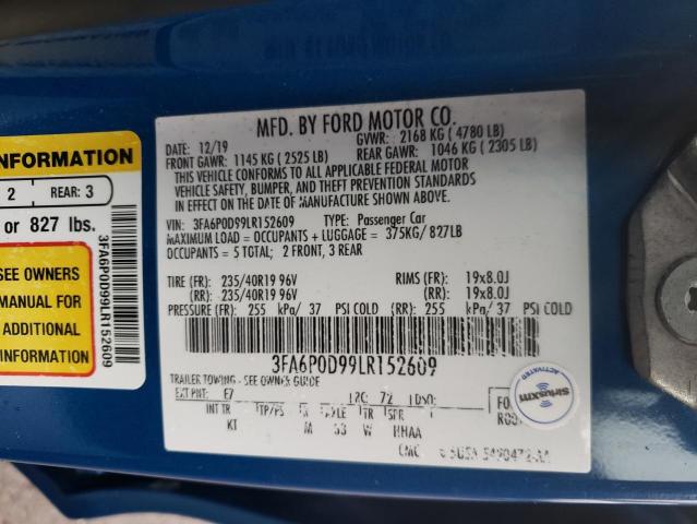 3FA6P0D99LR152609 - 2020 FORD FUSION TIT BLUE photo 10