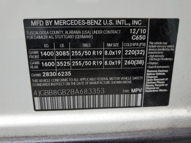 4JGBB8GB2BA683353 - 2011 MERCEDES-BENZ ML 350 4MA WHITE photo 10
