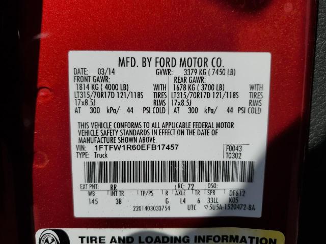 1FTFW1R60EFB17457 - 2014 FORD F150 SVT R RED photo 10