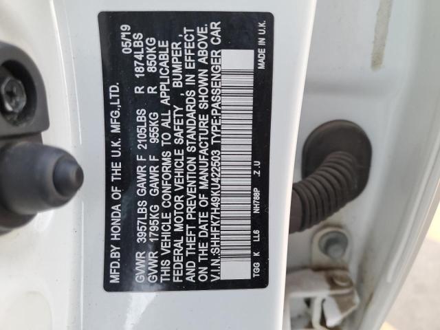SHHFK7H49KU422503 - 2019 HONDA CIVIC SPOR 白色 照片 10
