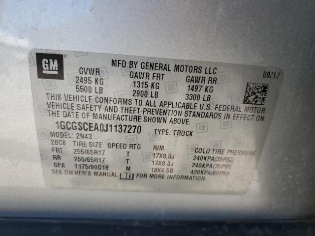 1GCGSCEA0J1137270 - 2018 CHEVROLET COLORADO L SILVER photo 10