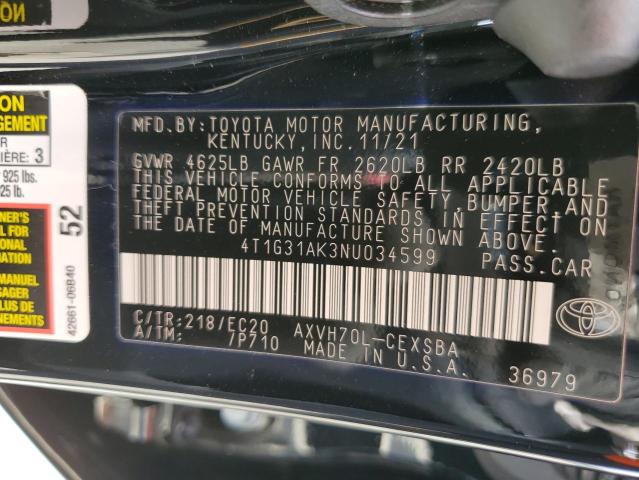 4T1G31AK3NU034599 - 2022 TOYOTA CAMRY NIGH BLACK photo 10