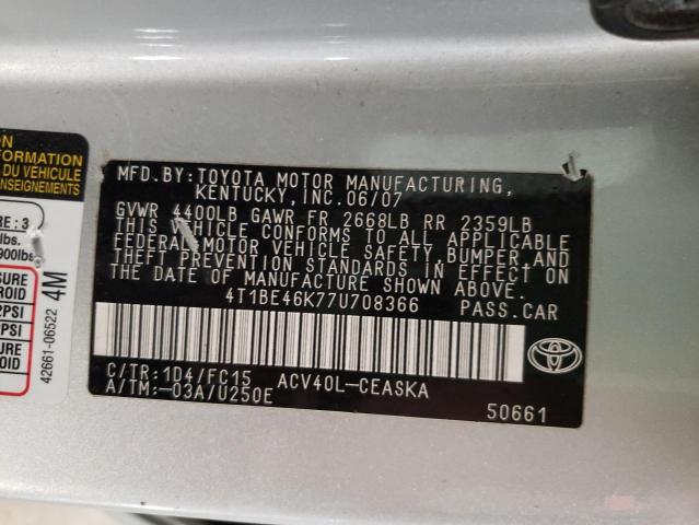 4T1BE46K77U708366 - 2007 TOYOTA CAMRY CE SILVER photo 10