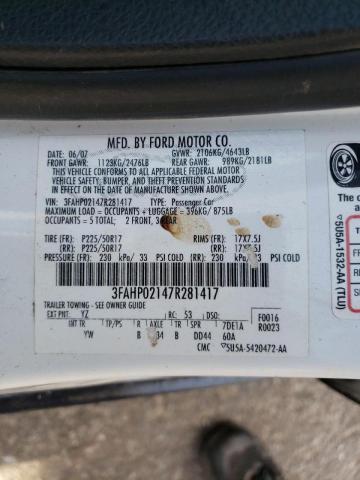 3FAHP02147R281417 - 2007 FORD FUSION SEL WHITE photo 10