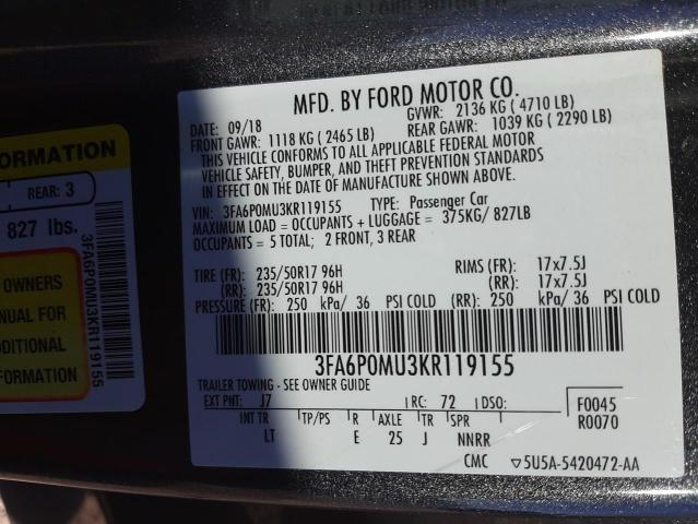 3FA6P0MU3KR119155 - 2019 FORD FUSION SEL GRAY photo 10