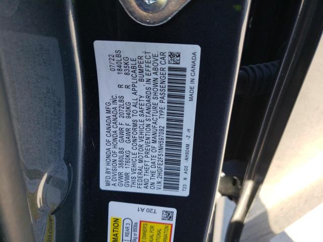 2HGFE2F51NH597092 - 2022 HONDA CIVIC SPOR GRAY photo 10