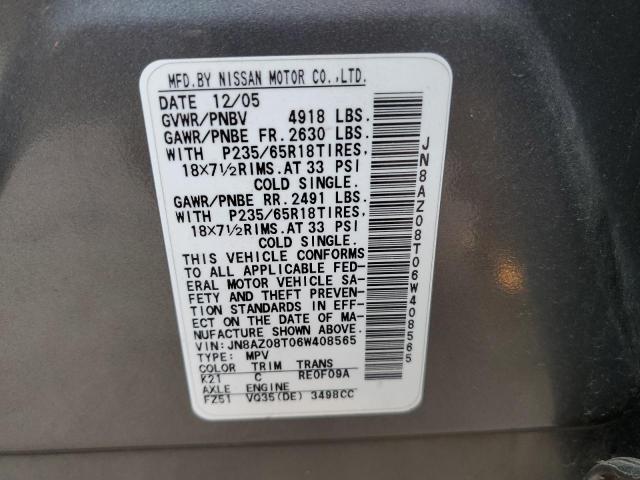 JN8AZ08T06W408565 - 2006 NISSAN MURANO GRAY photo 10