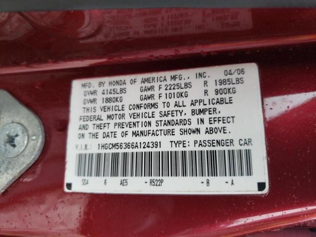 1HGCM56366A124391 - 2006 HONDA ACCORD SE BURGUNDY photo 10