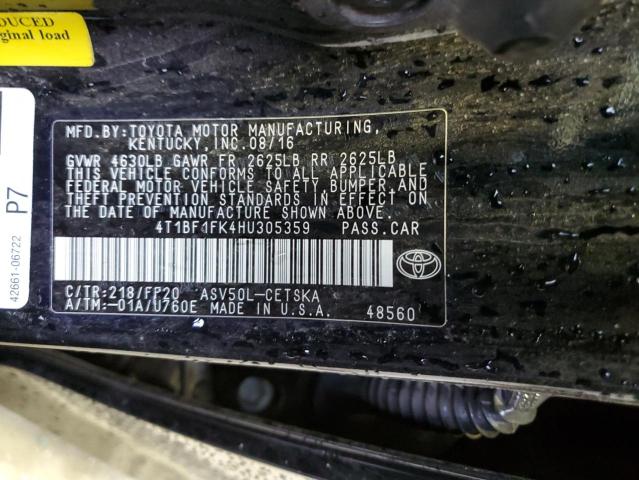 4T1BF1FK4HU305359 - 2017 TOYOTA CAMRY LE 黑色 照片 10